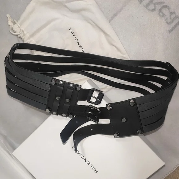 Balenciaga Black Stripes Nubuck And Leather Studded Belt